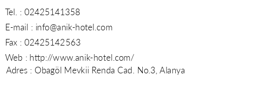 Anik Suite Hotel telefon numaralar, faks, e-mail, posta adresi ve iletiim bilgileri